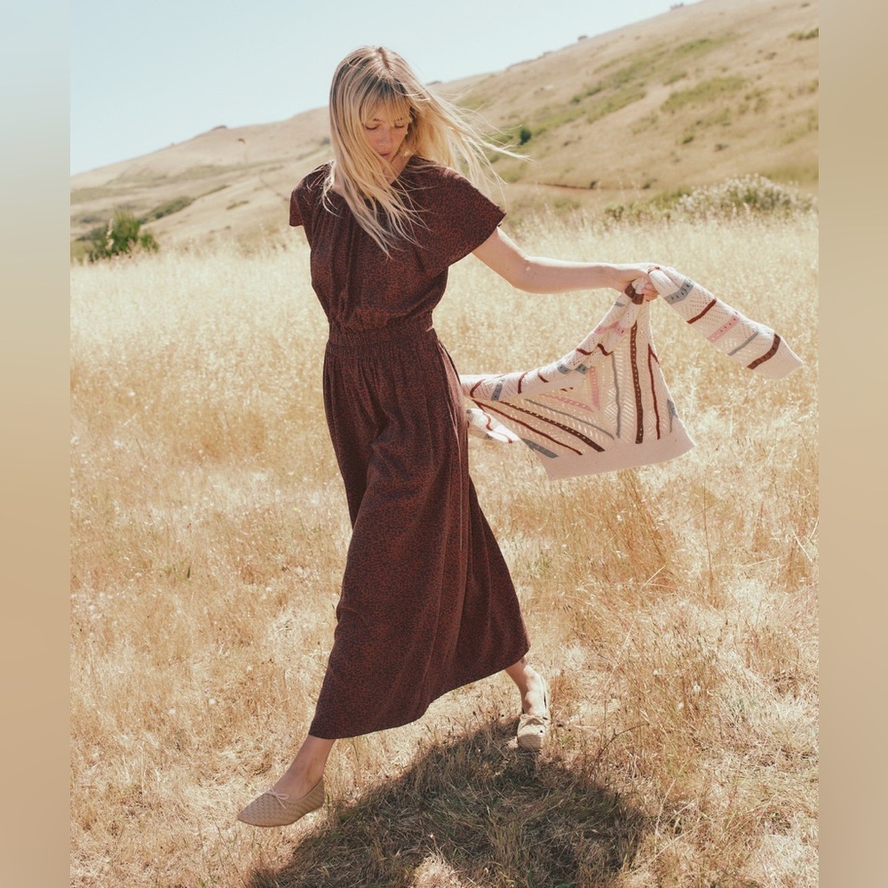 NEW Marine Layer Charlotte Midi Dress TENCEL Animal Print Brown Elastic Waist